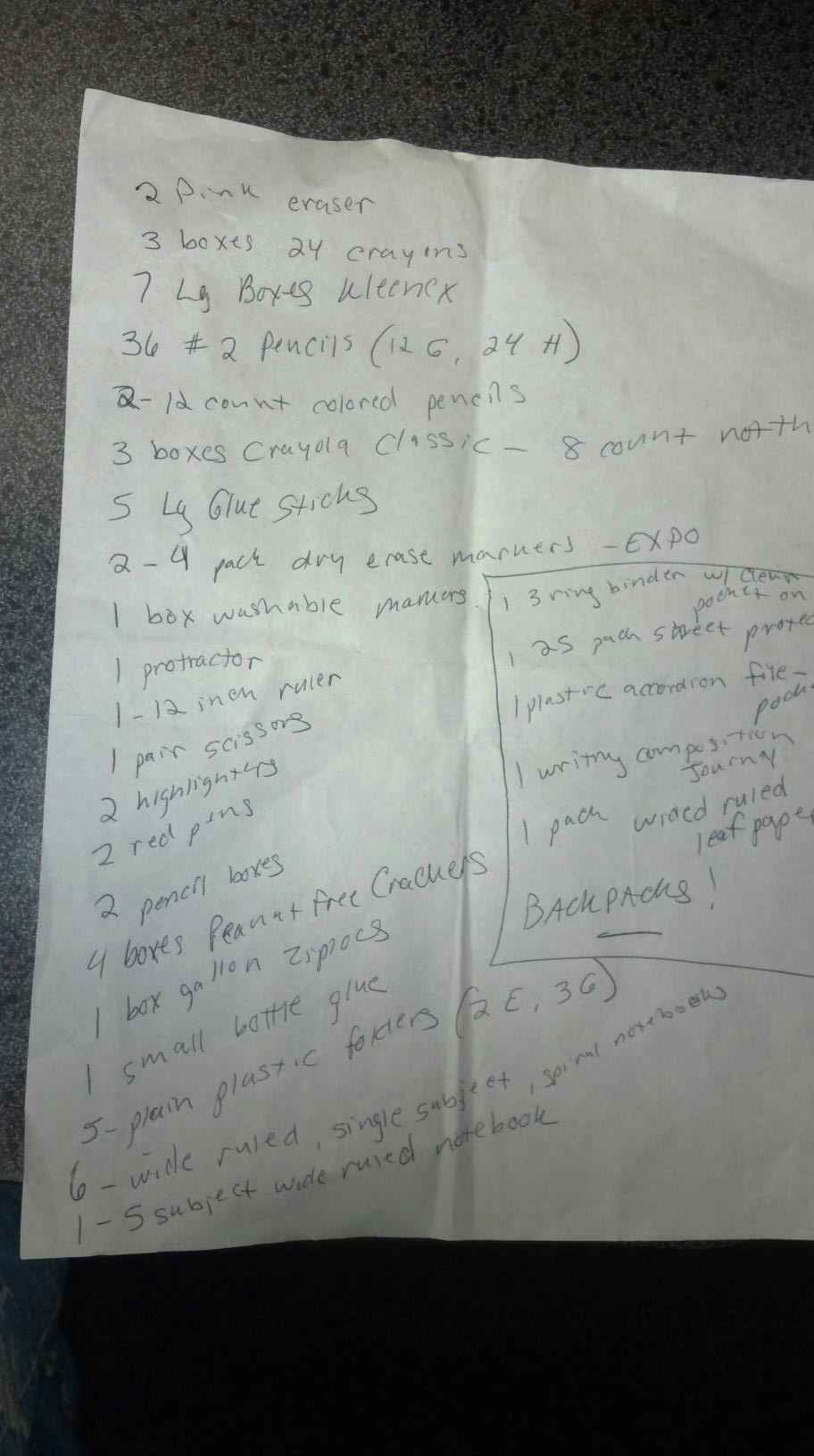 Jean's school supply list from 2012.
