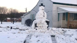 Vandal tries to run over giant snowman, hits tree stump instead...