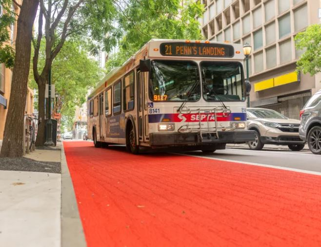 Bus-only lanes painted red to deter cars, keep SEPTA routes on time