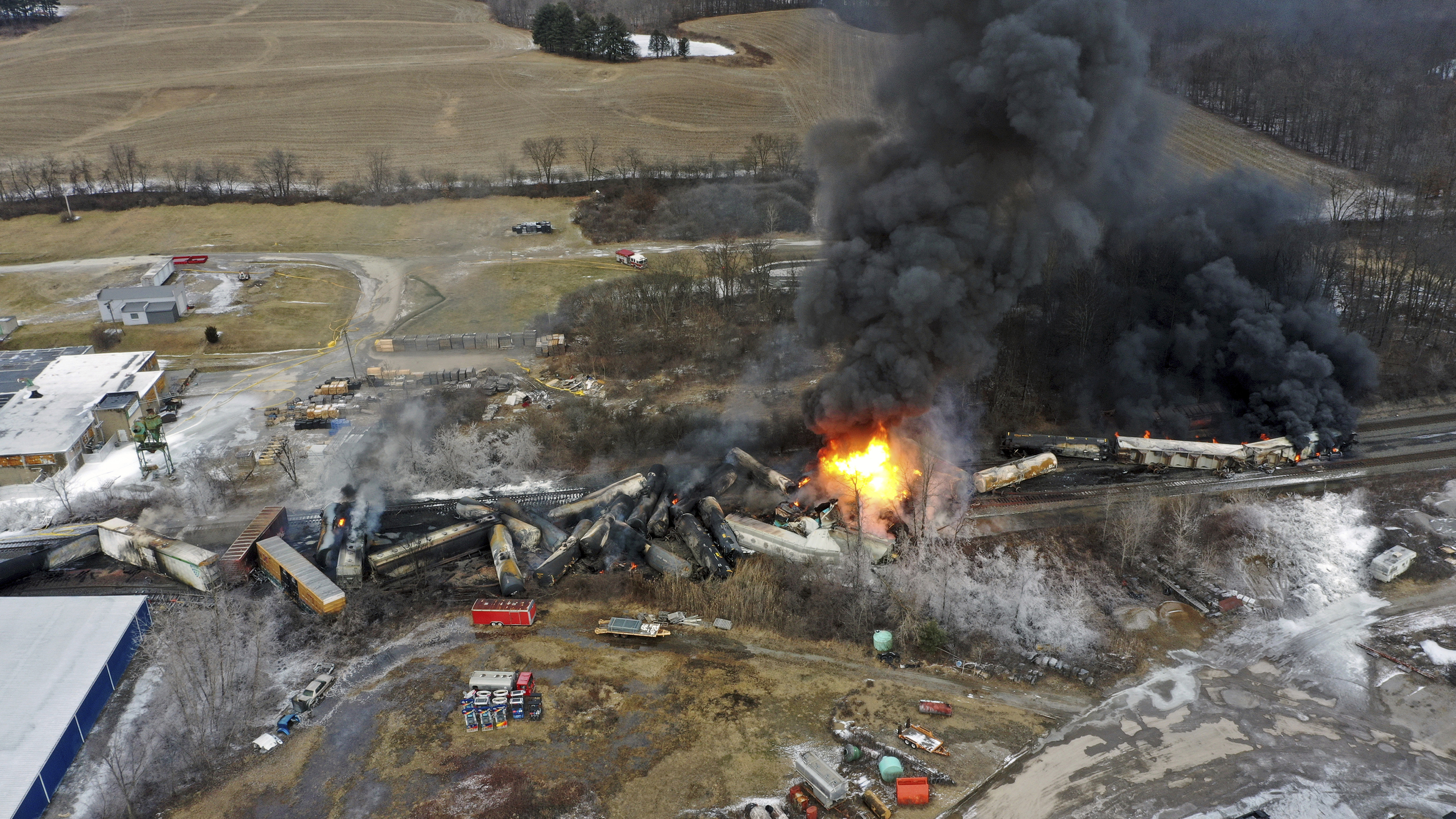 Hazardous materials still burning after 50-car train derailment in Ohio