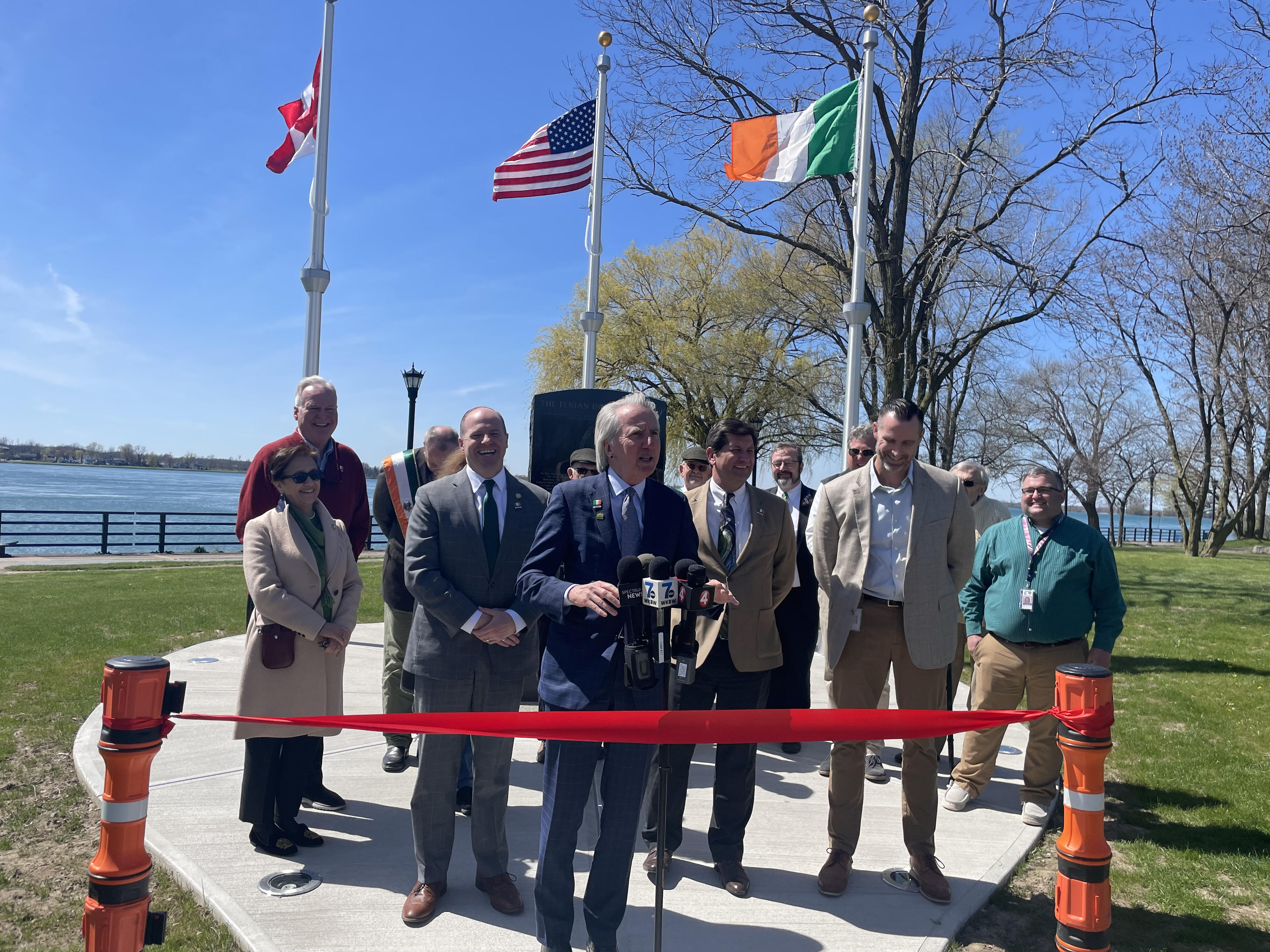 Erie County Executive Mark Poloncarz, State Sen. Tim Kennedy and others dedicate a momument to recognize the Fenian Invasion of 1866 at Towpath Park in Buffalo