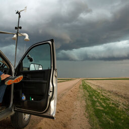 Laura Oakes talks with local storm chaser Trevor Evans