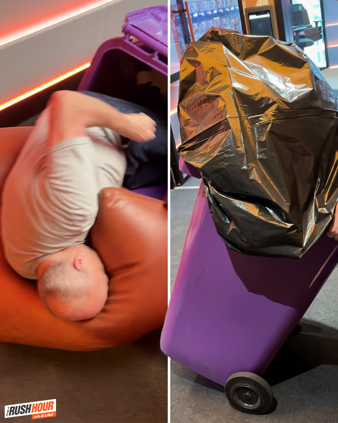 Billy Brownless tips himself out of a bin to celebrate September 1st episode artwork