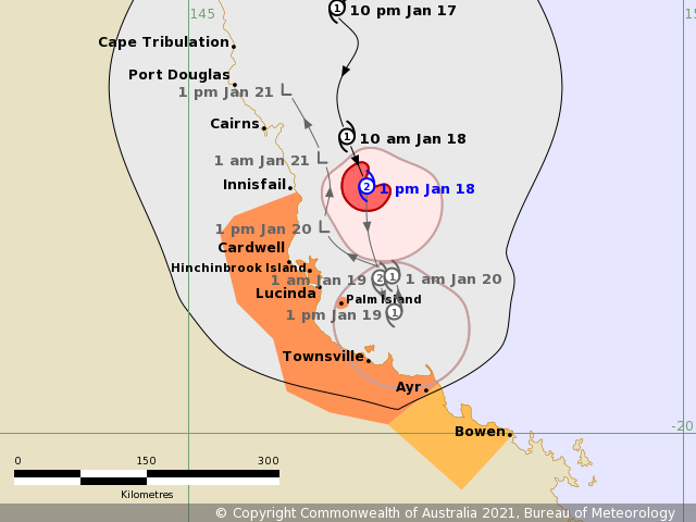 Cyclone Kimi upgraded to CAT 2 with Warnings Innisfail>Ayr and Bowen on watch