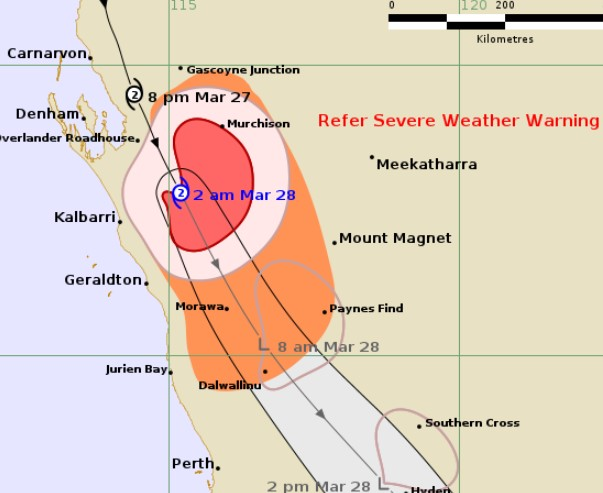 Tropical Cyclone Narelle weakening as the system tracks inland