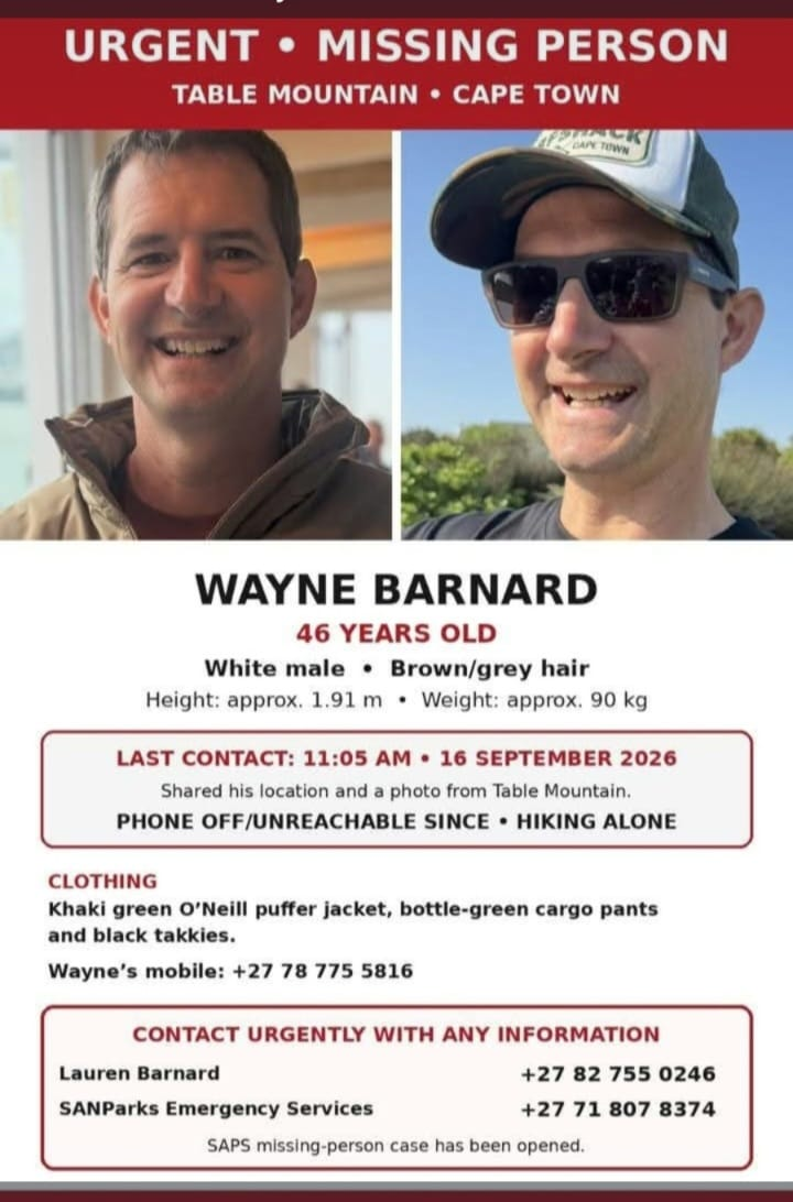 Search for missing hiker on Table Mountain