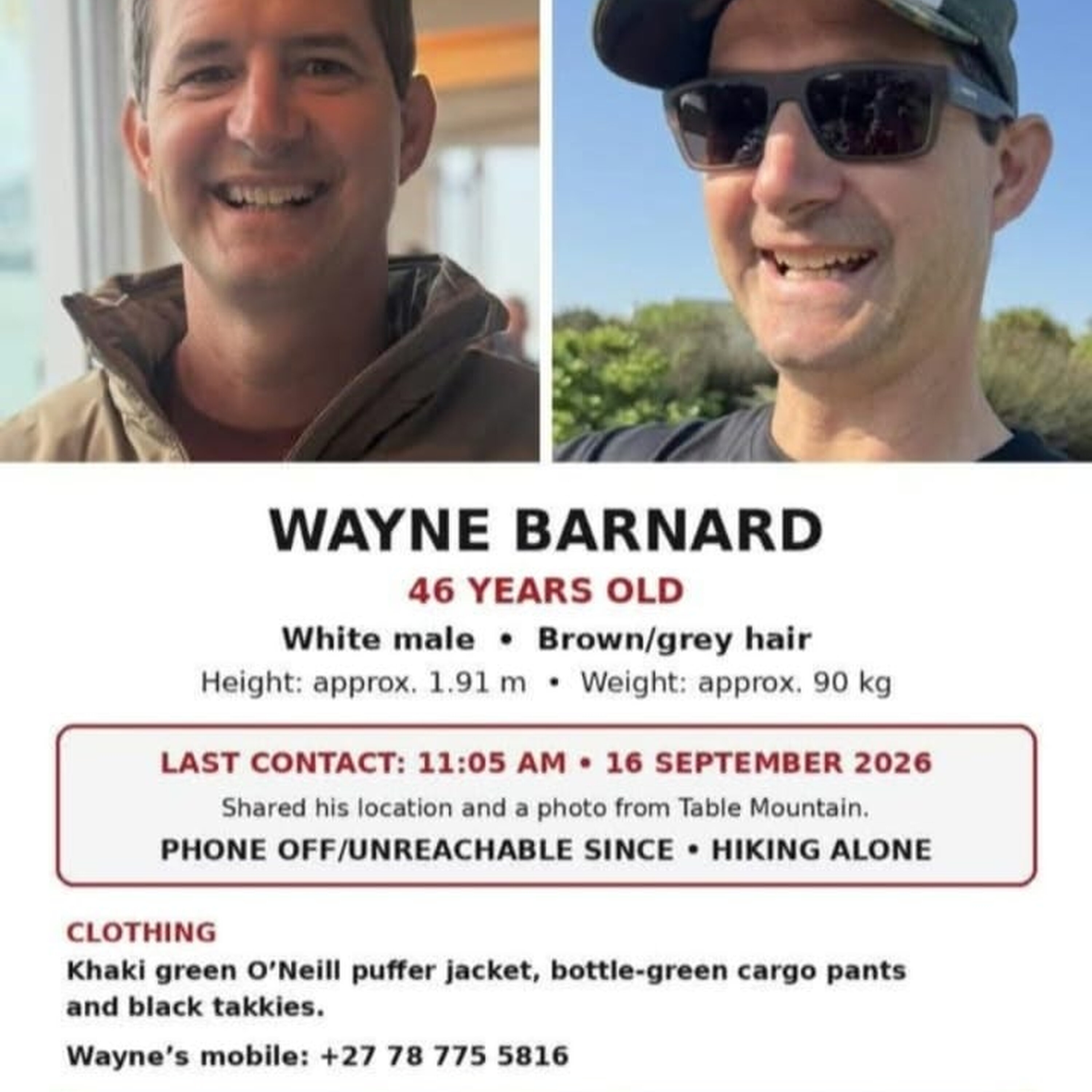 Search for missing hiker on Table Mountain