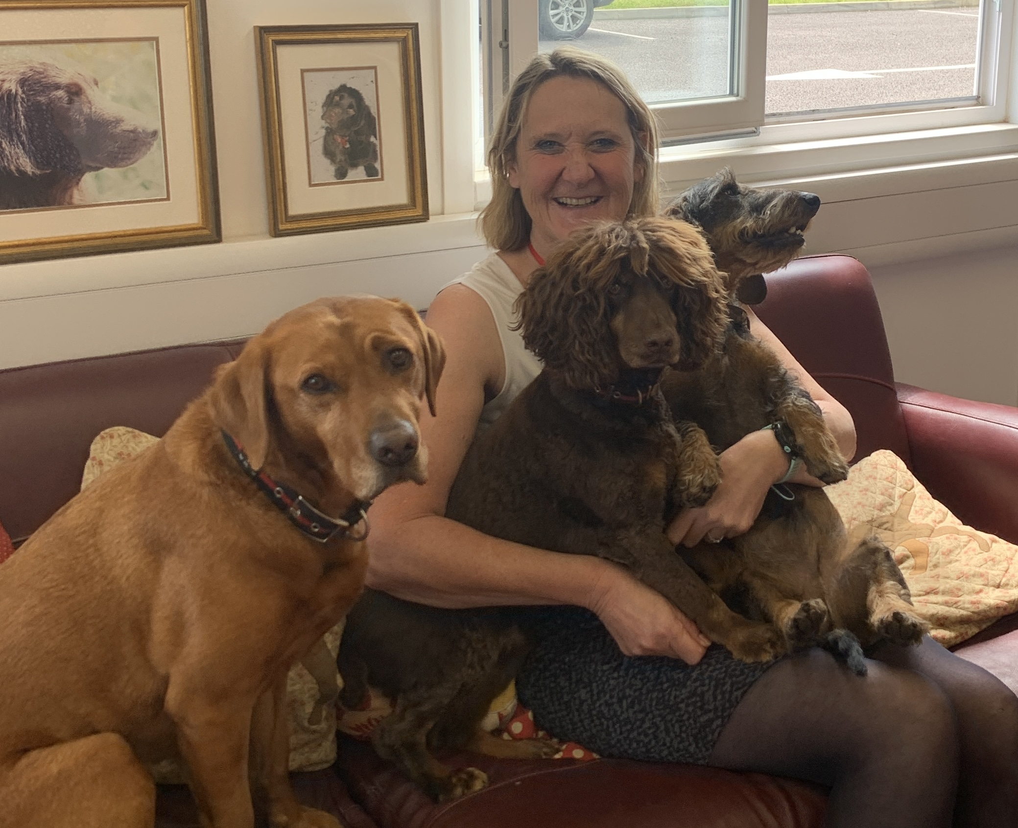 Florin, Iggy and Asher, bio detection dogs and owner, Dr. Claire Guest OBE