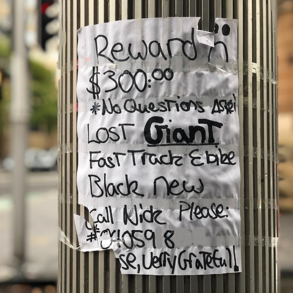 Reward: $300 for lost black Giant E-bike *No Questions Asked