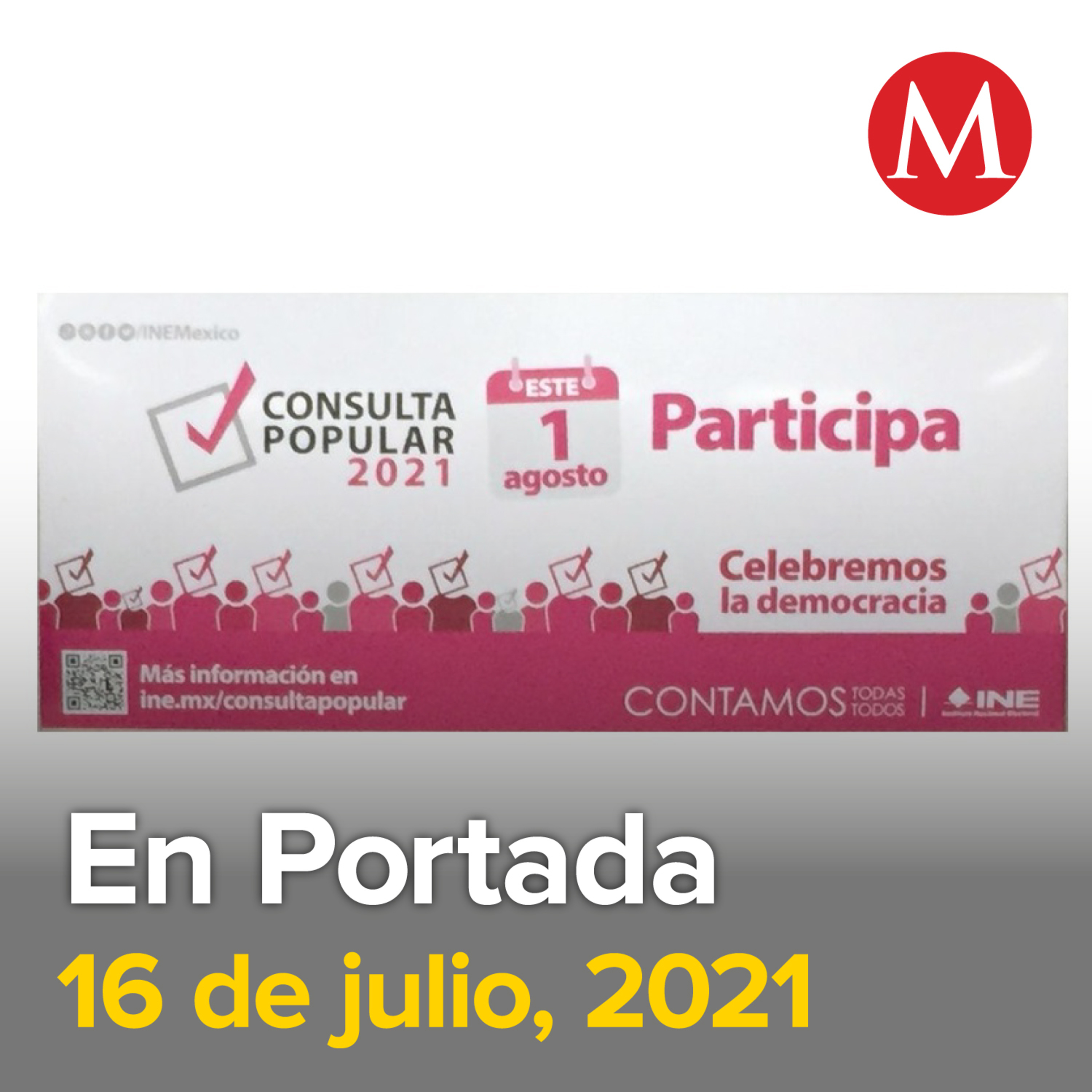 16-julio-2021. INE inicia difusión de consulta popular con spots de radio y tv. México registra 12 mil 821 nuevos casos de covid-19. AMLO descarta reunirse con gobernadores de Michoacán y Tamaulipas.
