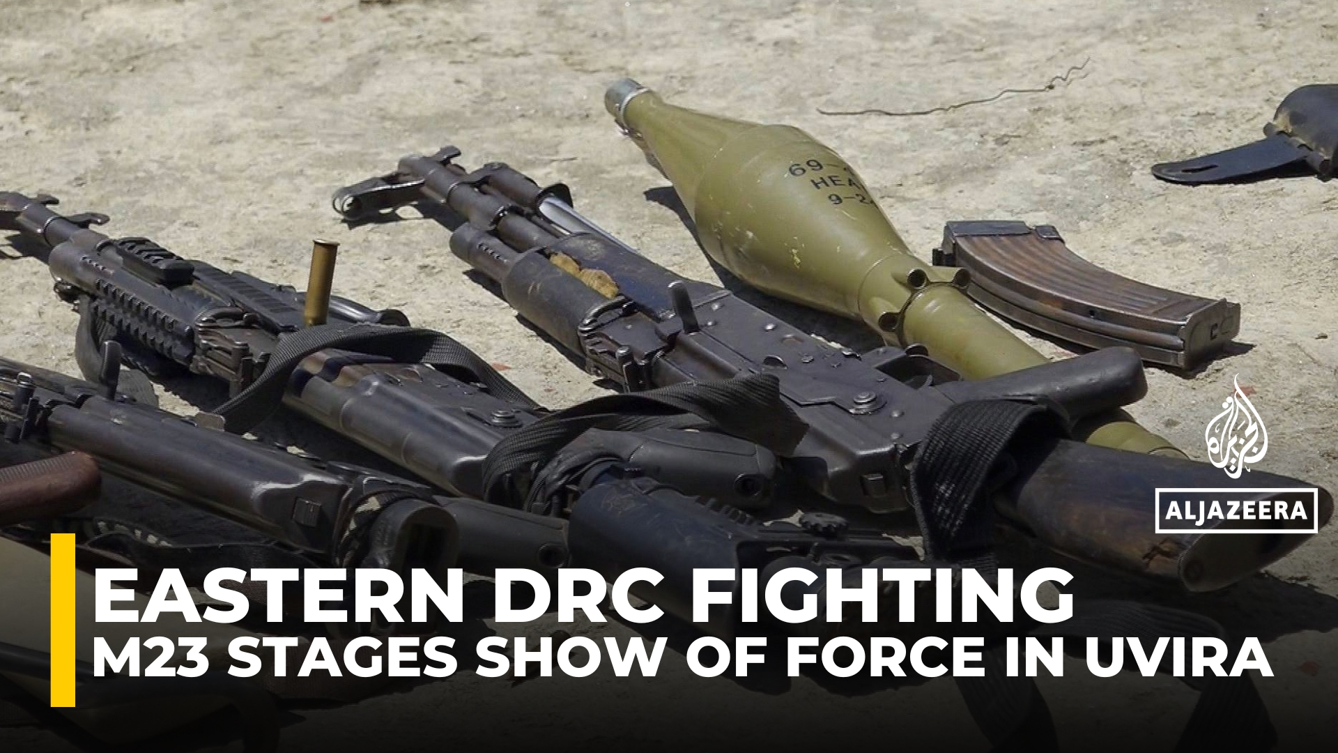 M23 rebels display seized arms in the captured DRC city of Uvira
