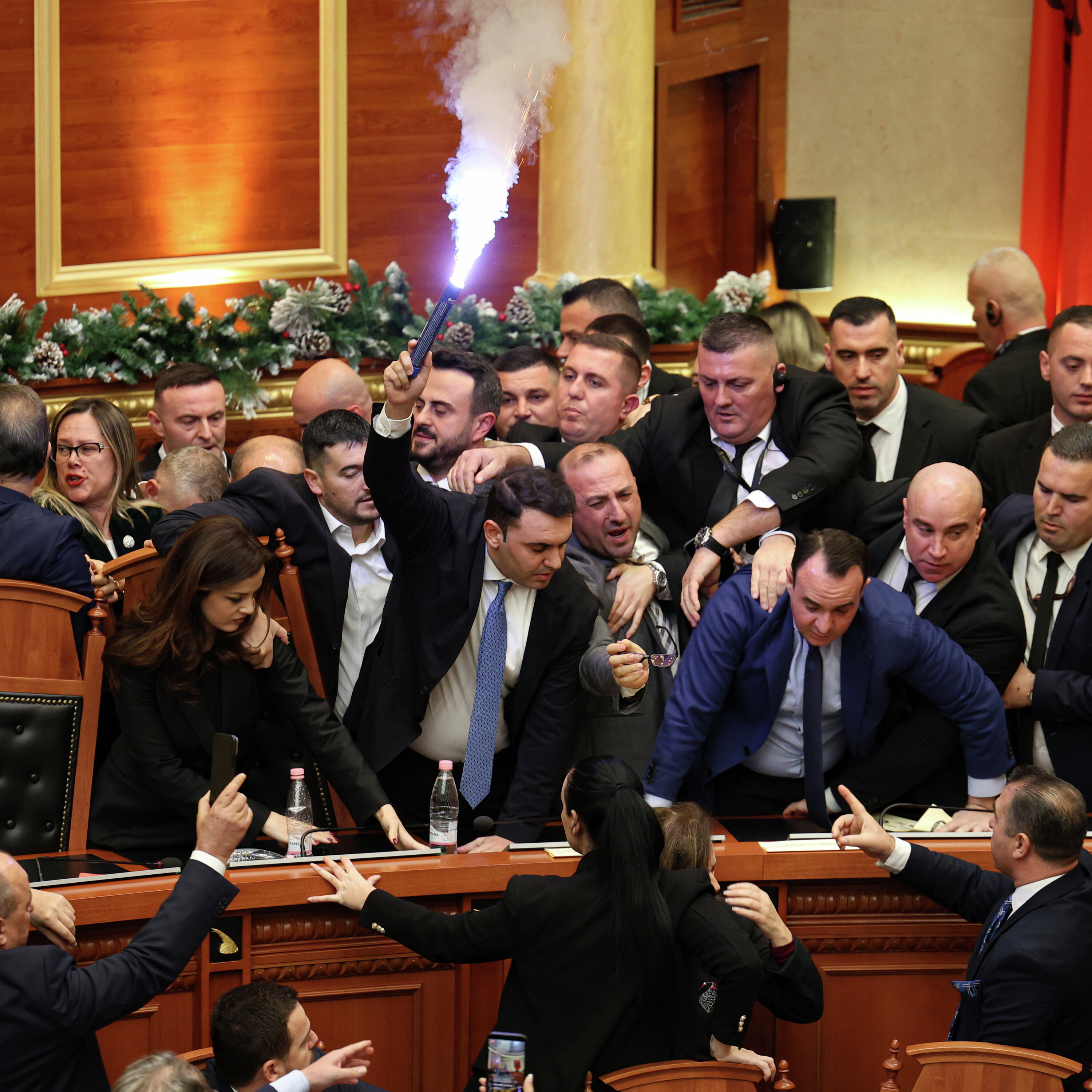 Flare and fighting in Albanian parliament dispute Flare and fighting in Albanian parliament dispute