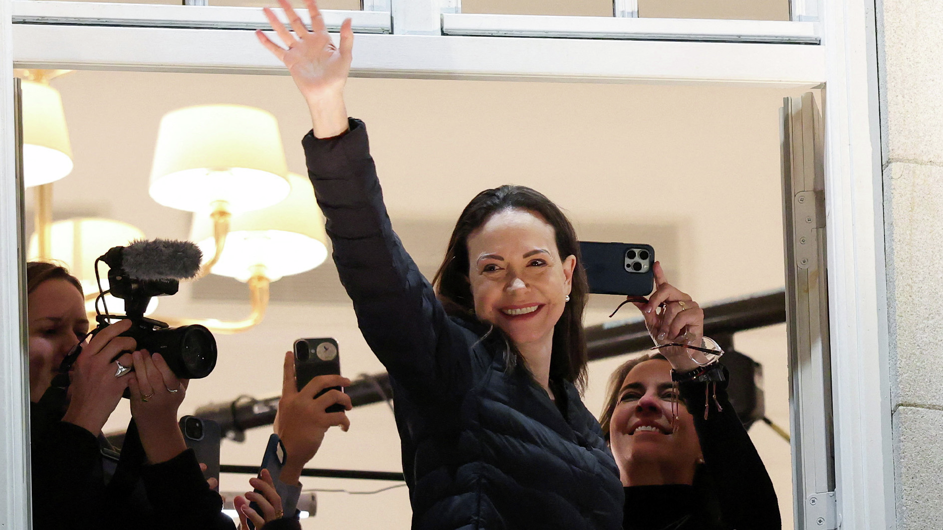 Nobel Peace Prize winner Machado greets supporters in Oslo