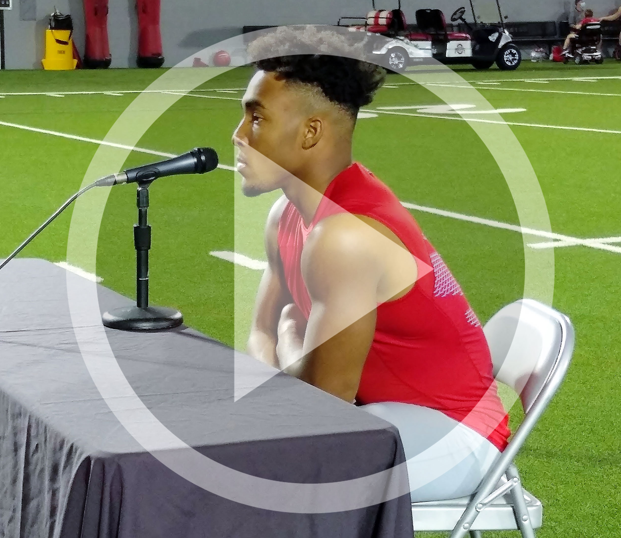 Running back TreVeyon Henderson speaks to the media ahead of Rutgers