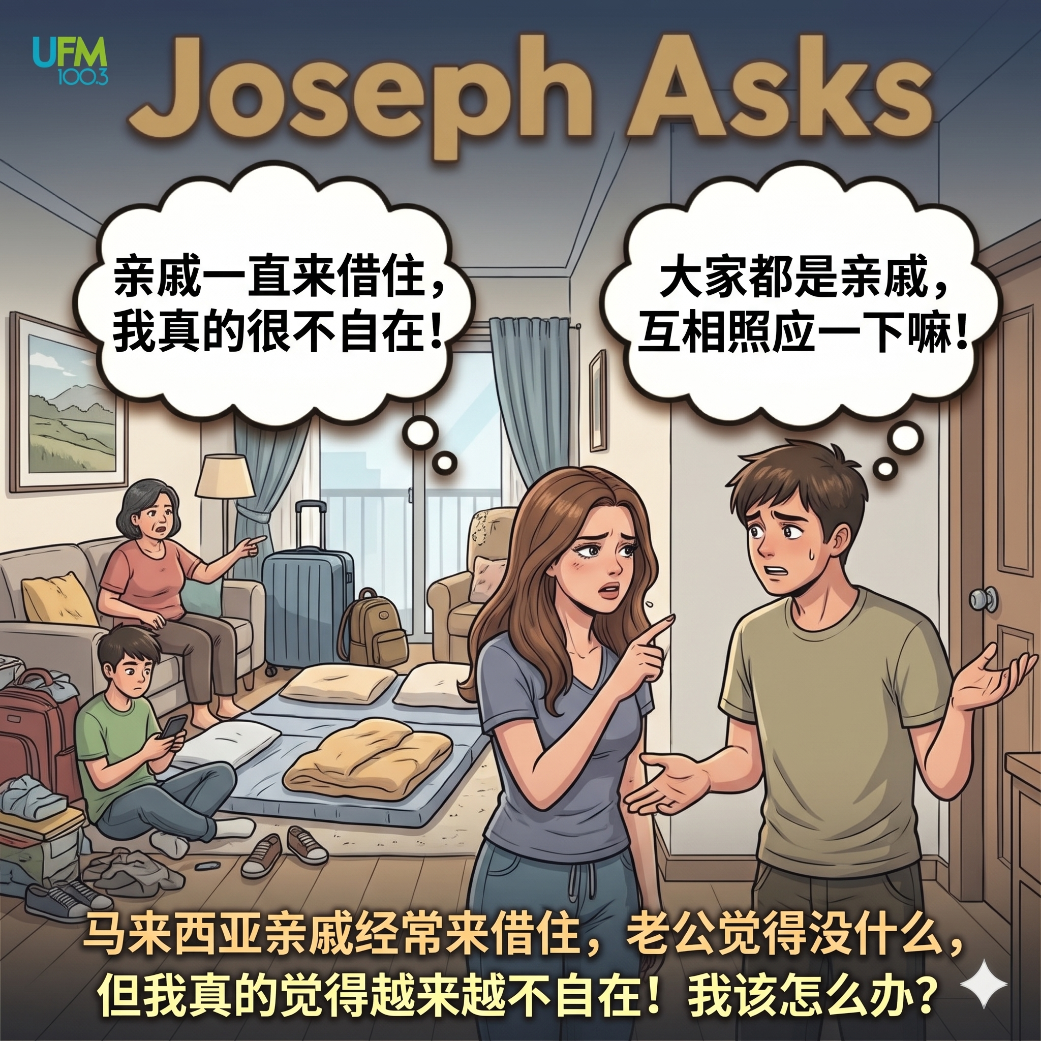 马来西亚亲戚经常来借住，老公觉得没什，但我真的觉得越来越不自在！我该怎么办？