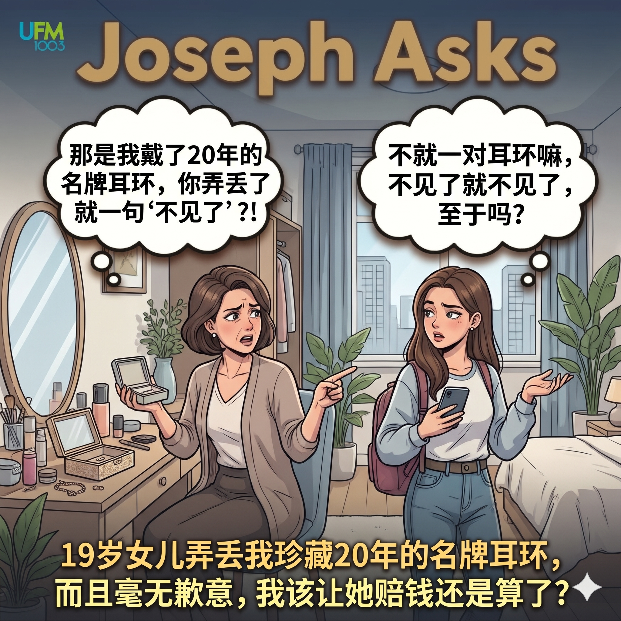19岁女儿弄丢我珍藏20年的名牌耳环，而且毫无歉意，我该让她赔钱还是算了？