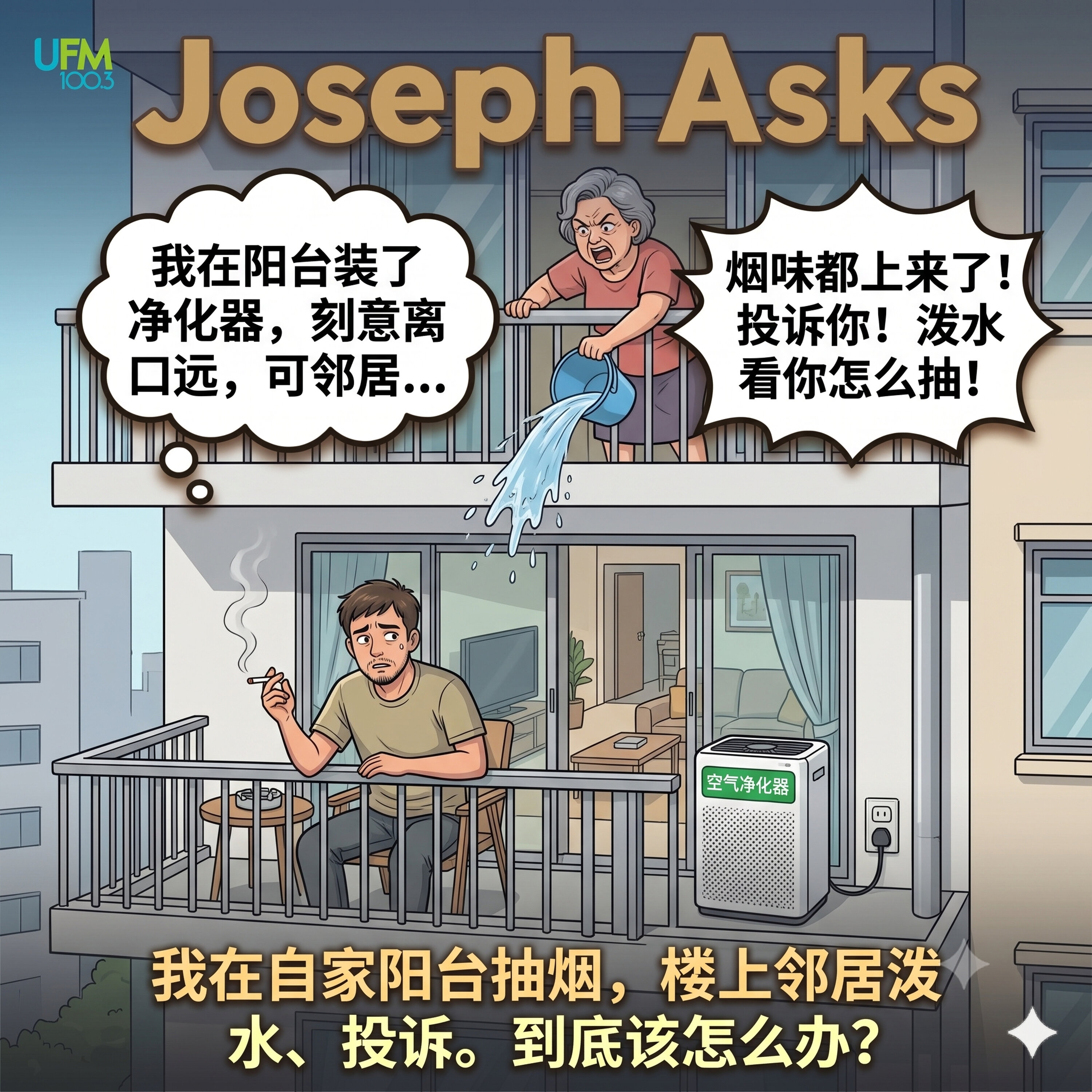 我在自家阳台抽烟,楼上邻居泼水、投诉。到底该怎么办?