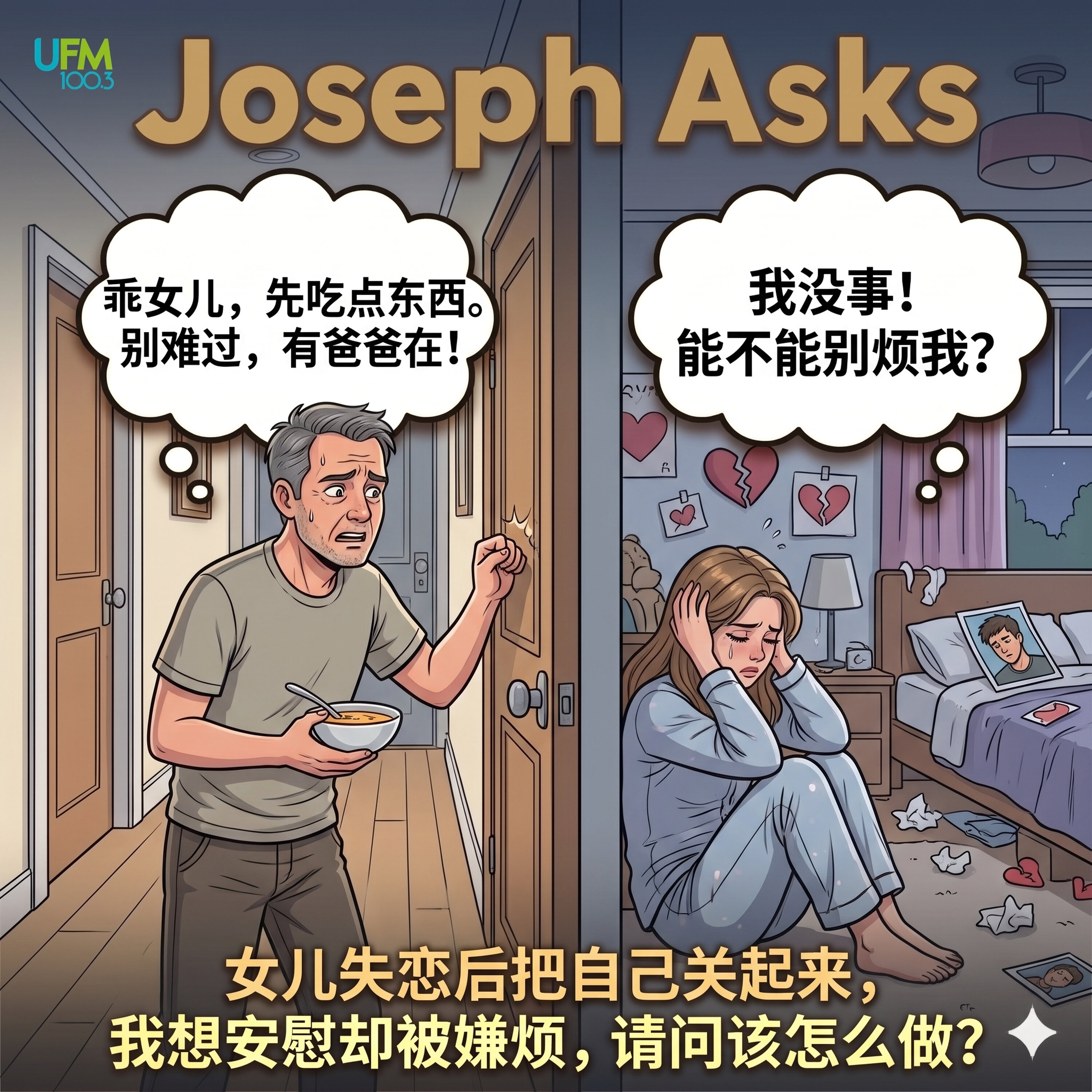 女儿失恋后把自己关起来,我想安慰却被嫌烦,请问该怎么做?