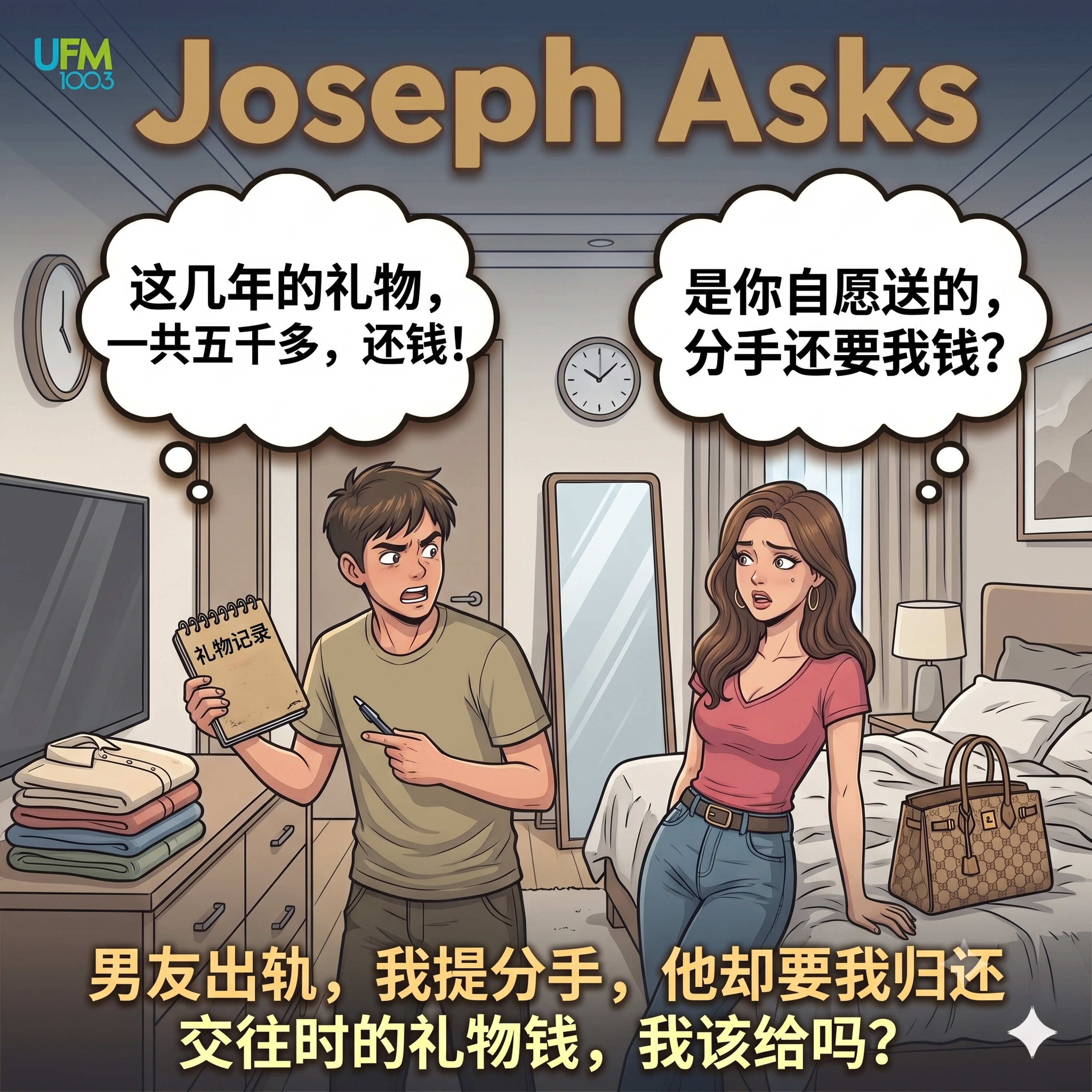 男友出轨,我提分手,他却要我归还交往时的礼物钱,我该给吗?