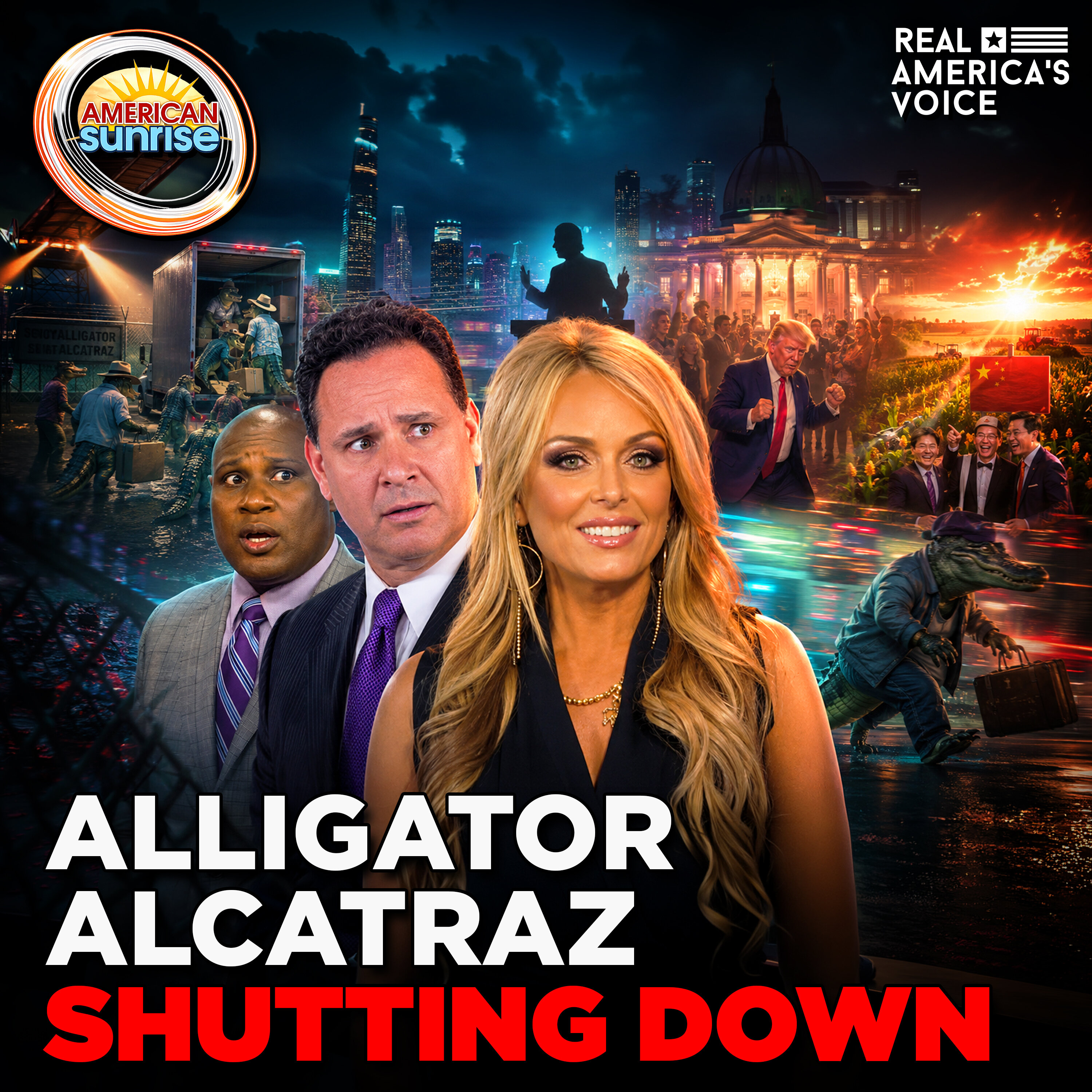 ALLIGATOR ALCATRAZ SHUTDOWN, GOP NIXES $1B WH SECURITY, CHINA FARM BAN | THE AMERICAN SUNRISE SHOW — Real America’s Voice cover
