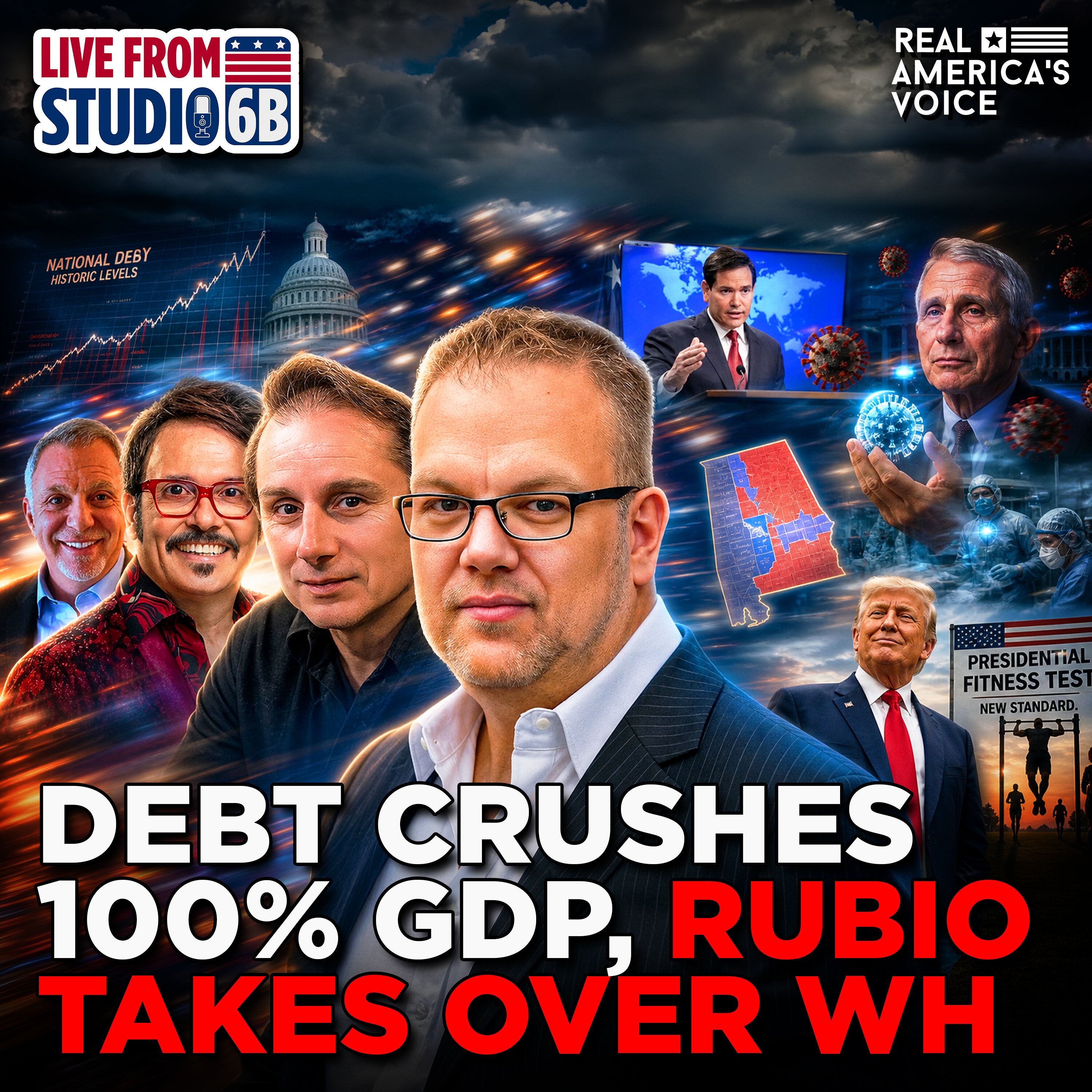 U.S. DEBT EXPLODES, RUBIO PRESS BRIEFING, PAUL VS FAUCI, TRUMP FITNESS TEST | LIVE FROM STUDIO 6B - Tuesday, May 5 2026 — Real America’s Voice cover