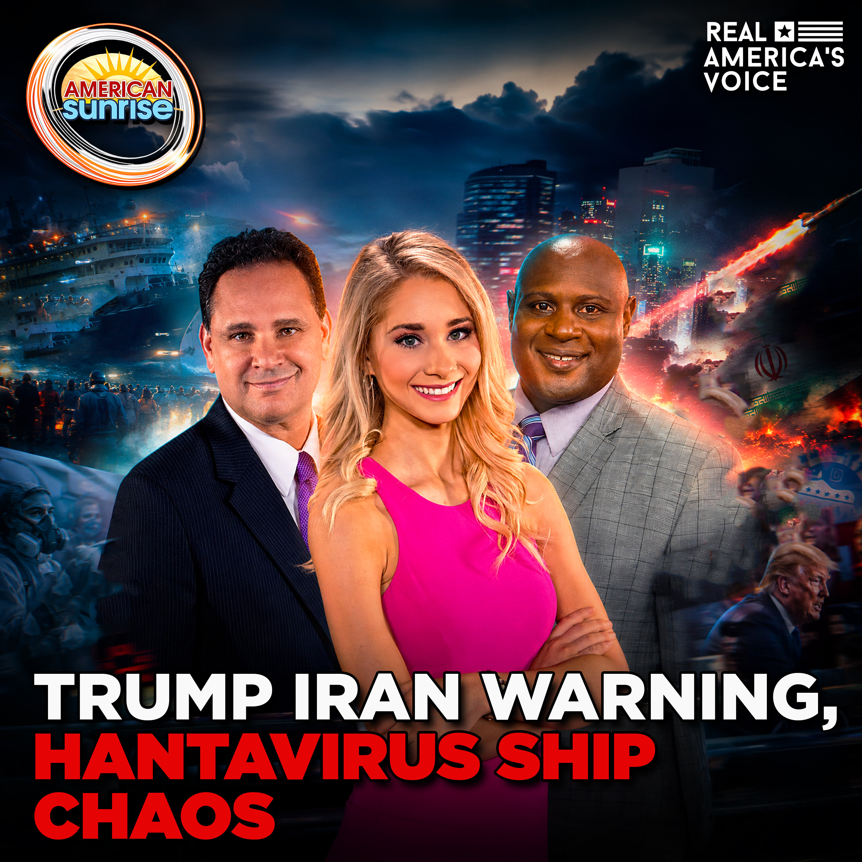 TRUMP IRAN WARNING, HANTAVIRUS SHIP CHAOS, DEMS TARGET TRUMP | THE AMERICAN SUNRISE SHOW — Real America’s Voice cover
