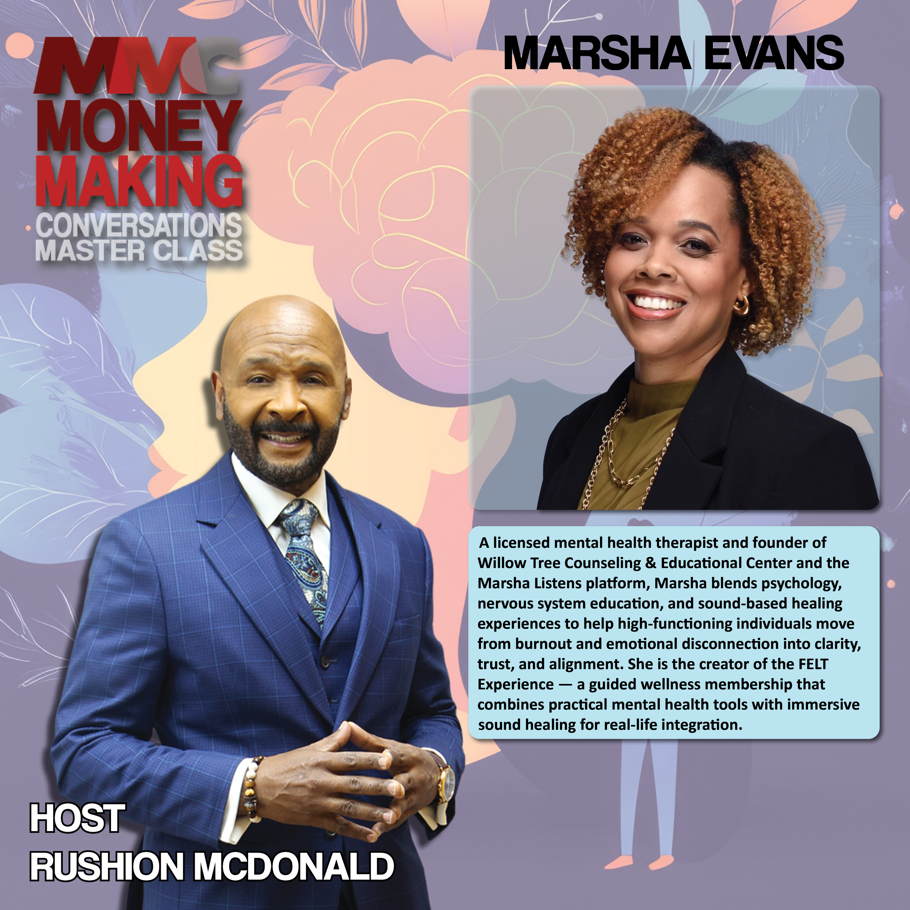 Health Tips: Discusses her relaxation model—Free, Expand, Listen, Transform—and why embodied emotional experience is key to healing.