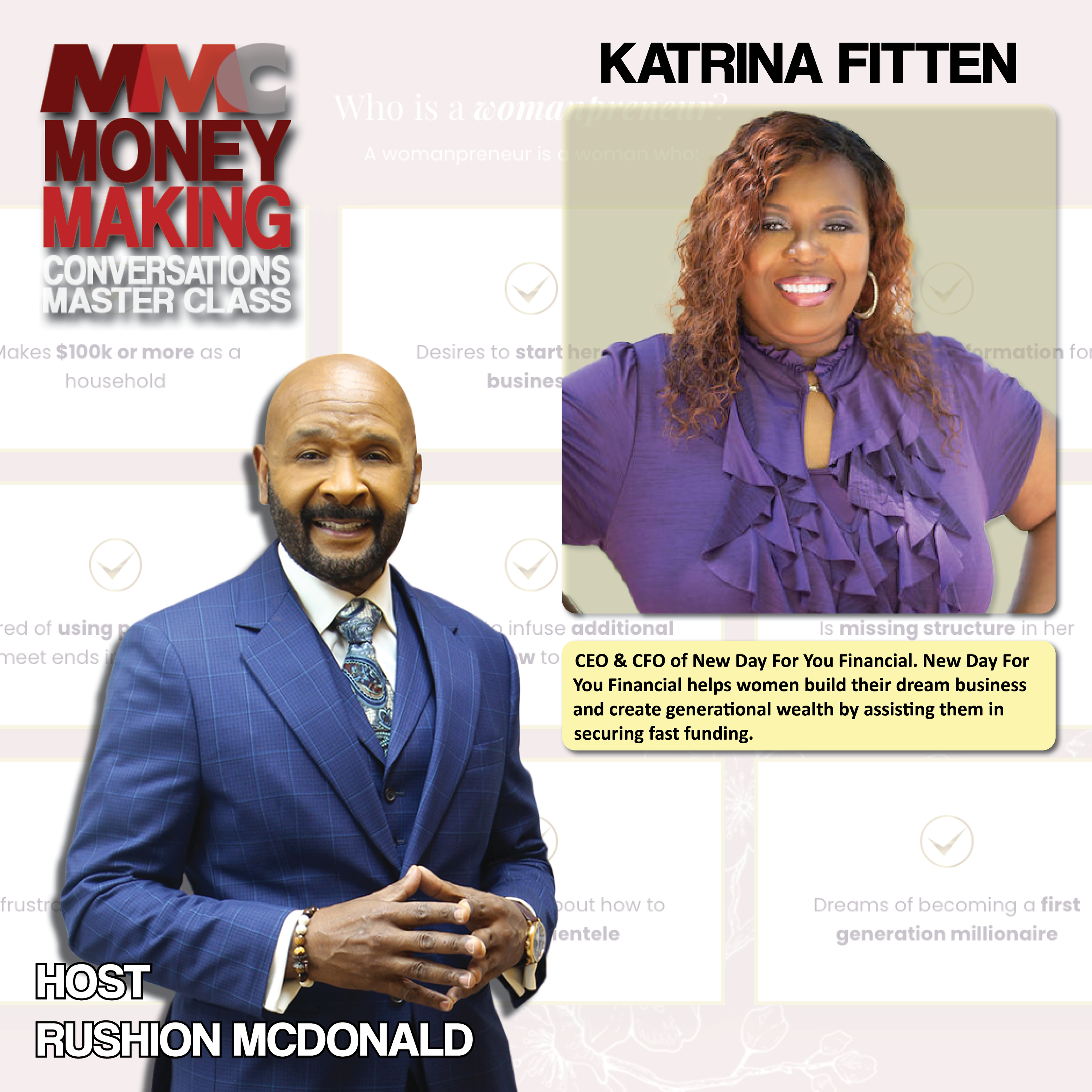 Financial Tips:  She can secure $100k in funding in 100 days or less, with same-day approvals and next-day funding.